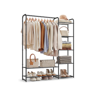 Open wardrobe clothes rack with hanging rail and 9 shelves, ink black, studio front view
