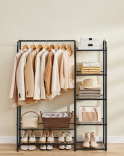 Front view of open wardrobe rack showing hanging rail, shelves, bags and shoes