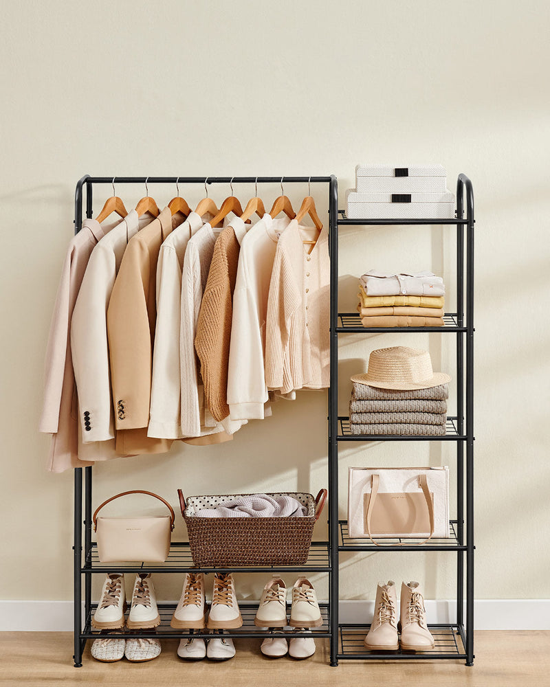 Front view of open wardrobe rack showing hanging rail, shelves, bags and shoes