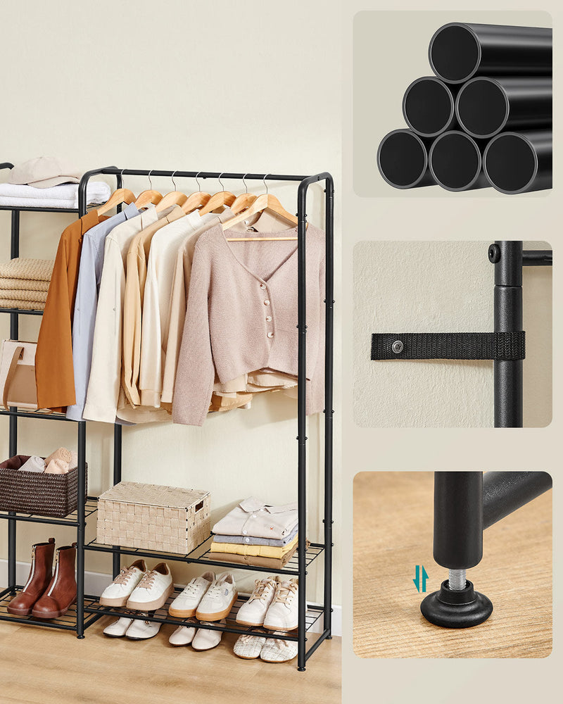Close-up of steel pipe joints, wall anti-tip strap and adjustable foot on open wardrobe