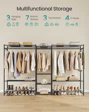 Infographic showing the wardrobe's storage breakdown: 3 hanging rails, 7 bottom shelves, 3 top shelves, and 4 S-hooks.