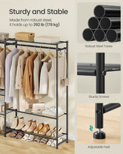 Close-up of the wardrobe's bundled steel tubes, screw joint, and adjustable levelling foot, with an overall 178 kg load-capacity callout.