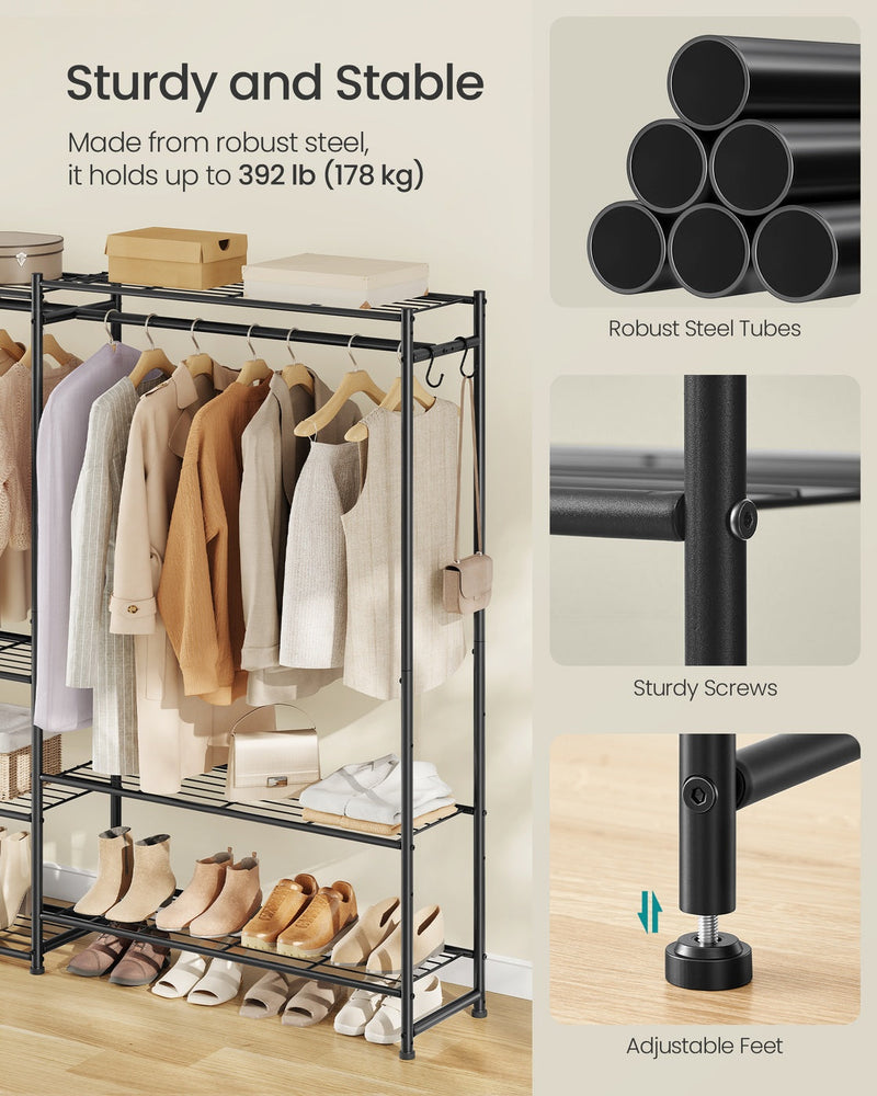 Close-up of the wardrobe's bundled steel tubes, screw joint, and adjustable levelling foot, with an overall 178 kg load-capacity callout.