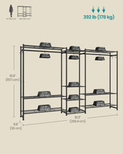 Dimensions diagram confirming 206.4 cm width by 157.1 cm height by 30 cm depth, with per-shelf and per-rail weight limits marked against a human-height silhouette for scale.