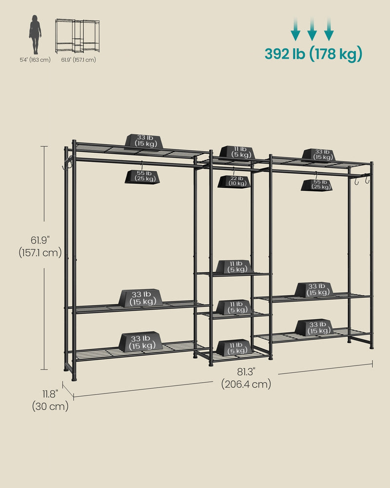 Dimensions diagram confirming 206.4 cm width by 157.1 cm height by 30 cm depth, with per-shelf and per-rail weight limits marked against a human-height silhouette for scale.