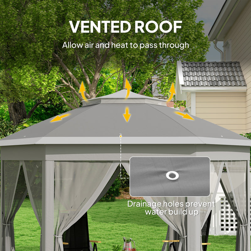 Dark Grey 3 x 4m Hexagon Pop Up Gazebo with Double Roof and Netting by Outsunny
