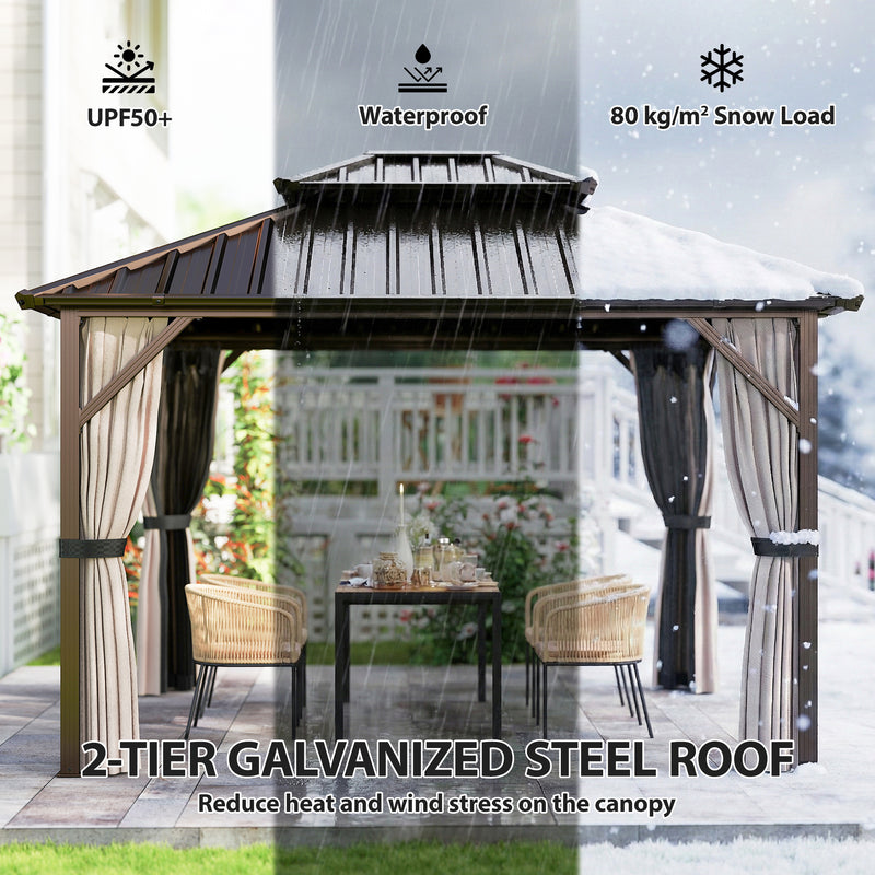 3.6 x 3m Metal Gazebo with Metal Roof, Privacy Curtains and Insect Netting for Year Round Shelter, Brown & Black