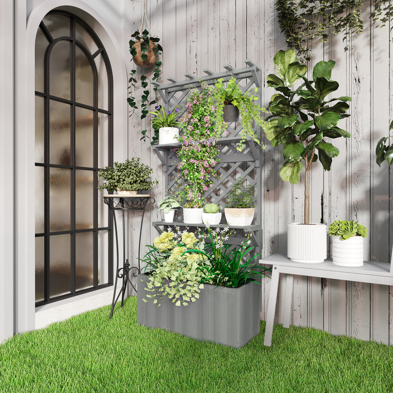 Wooden Garden Planter with Trellis and Shelves for Climbing Plants 52L Capacity Grey Outsunny