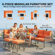Modular Garden Sofa Set with Table and Stools for Flexible Outdoor Seating, Charcoal Grey With Orange Cushions Outsunny