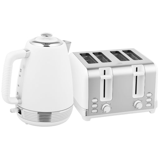 Stainless Steel Kettle and 4 Slice Toaster Set with Rapid Boil and Browning Control, White and Silver