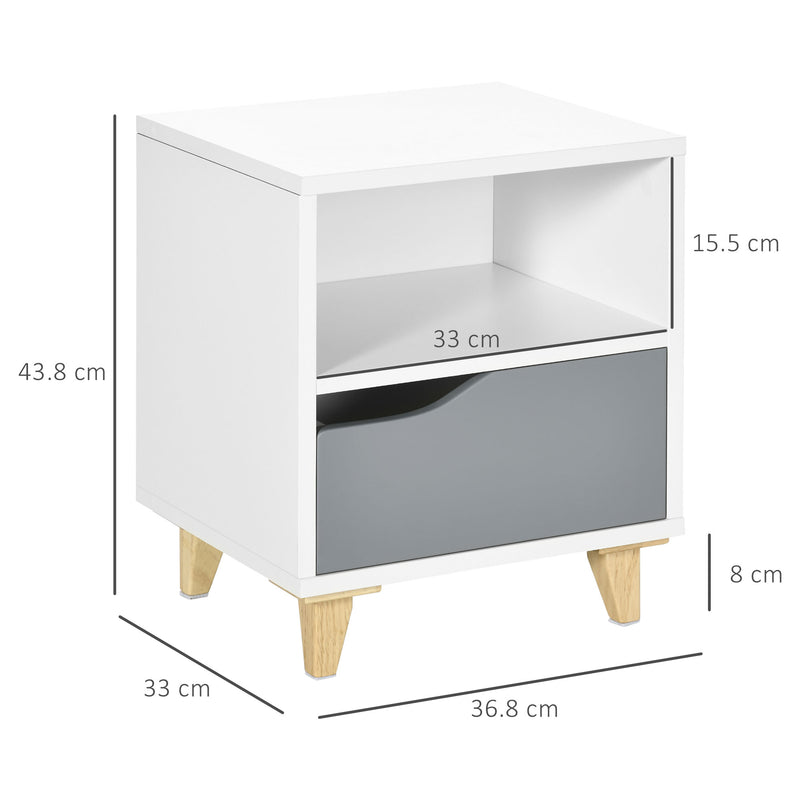 Set of 2 Bedside Tables with Storage Shelves and Drawers for Bedroom White and Grey AOSOM