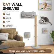 Light Grey 4 Piece Cat Wall Shelves with Scratching Post Ladder Steps and Toys for Indoor Cats by PawHut