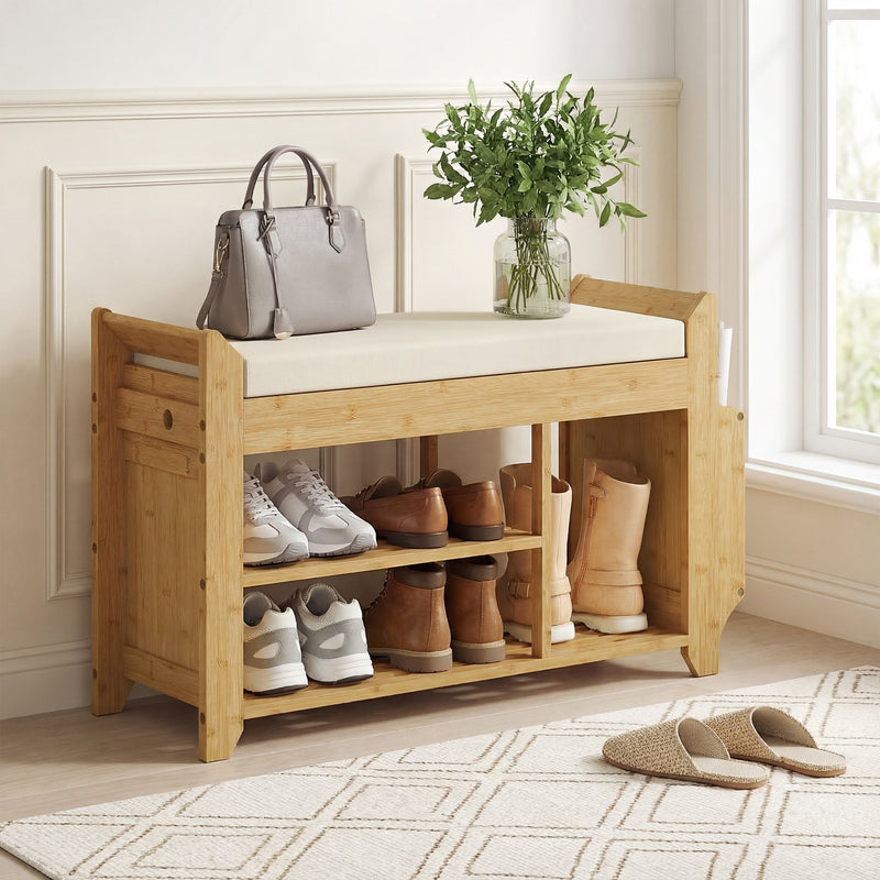 Hallway Shoe Storage Bench with Padded Seat and Side Compartment for Narrow Spaces Natural Cream