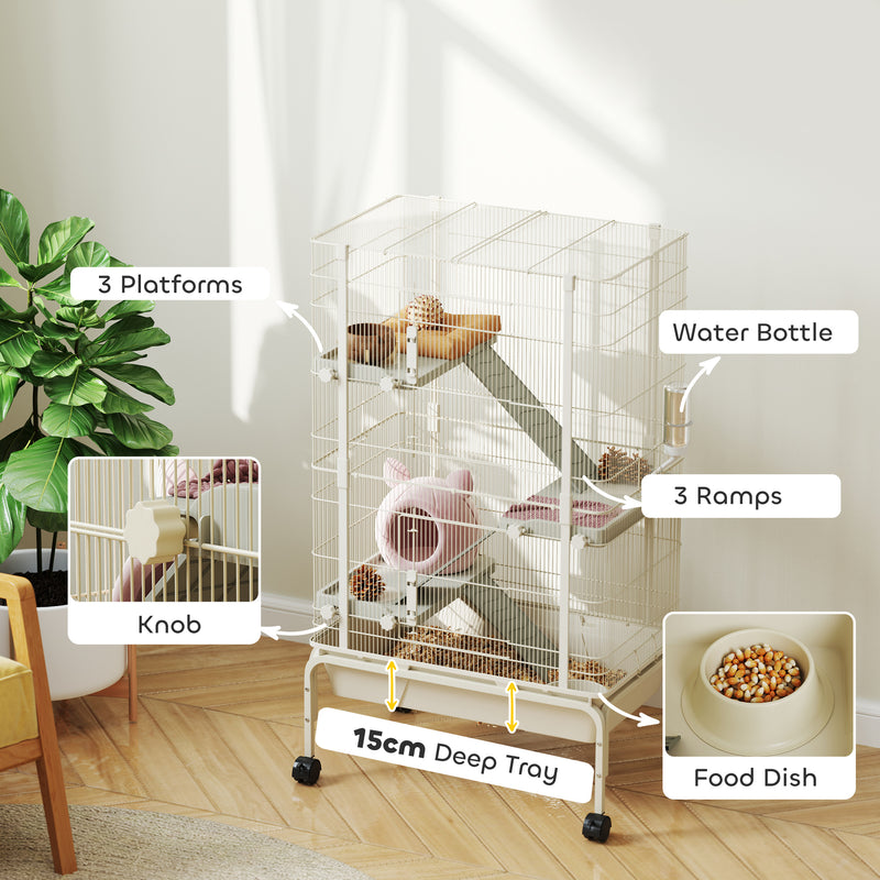 4 Level Rolling Small Animal Cage With Ramps Water Bottle and Deep Tray Beige by PawHut