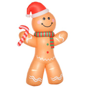8ft inflatable gingerbread man in Santa hat and striped scarf holding a candy cane on white