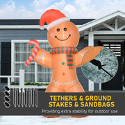 Gingerbread man beside a house with tethers, ground stakes and sandbags callout