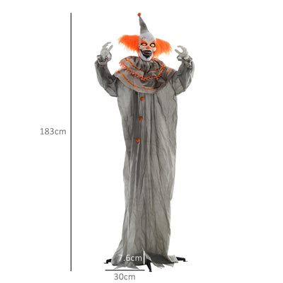 Dimensions diagram showing the Homcom orange clown animatronic at 183 cm tall with a 30 cm by 7.6 cm base