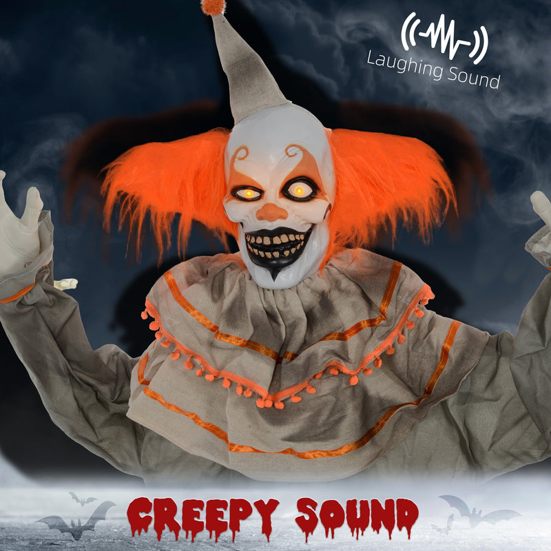 Feature callout showing the Homcom orange clown animatronic laughing with a creepy sound