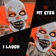 Feature collage showing the glowing eyes and laughing sound of the Homcom orange clown animatronic