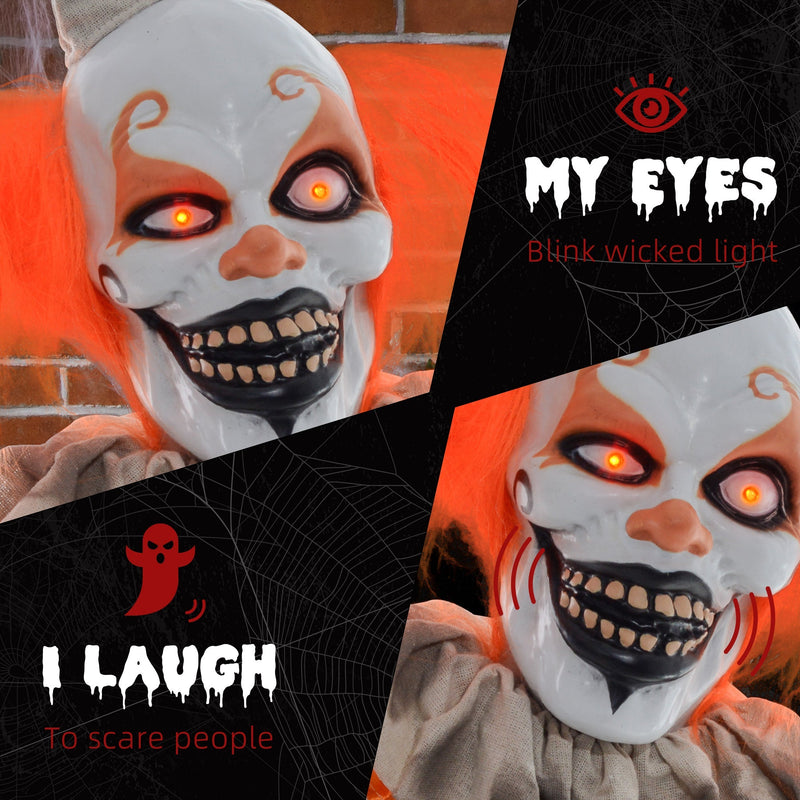 Feature collage showing the glowing eyes and laughing sound of the Homcom orange clown animatronic