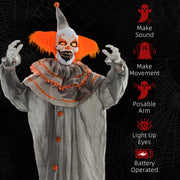 Feature list showing sound, movement, posable arm, light-up eyes and battery power for the Homcom orange clown animatronic