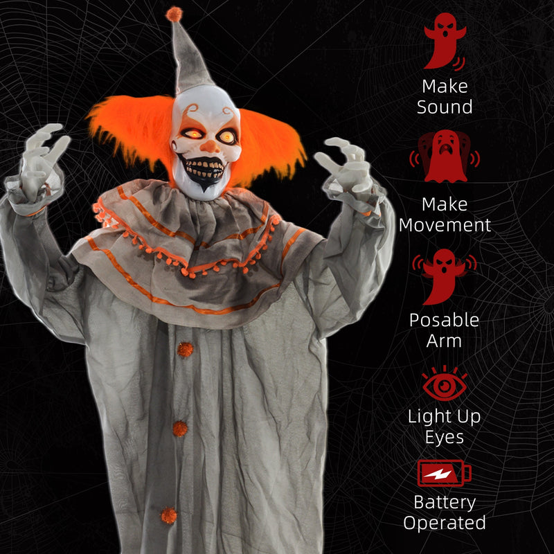 Feature list showing sound, movement, posable arm, light-up eyes and battery power for the Homcom orange clown animatronic