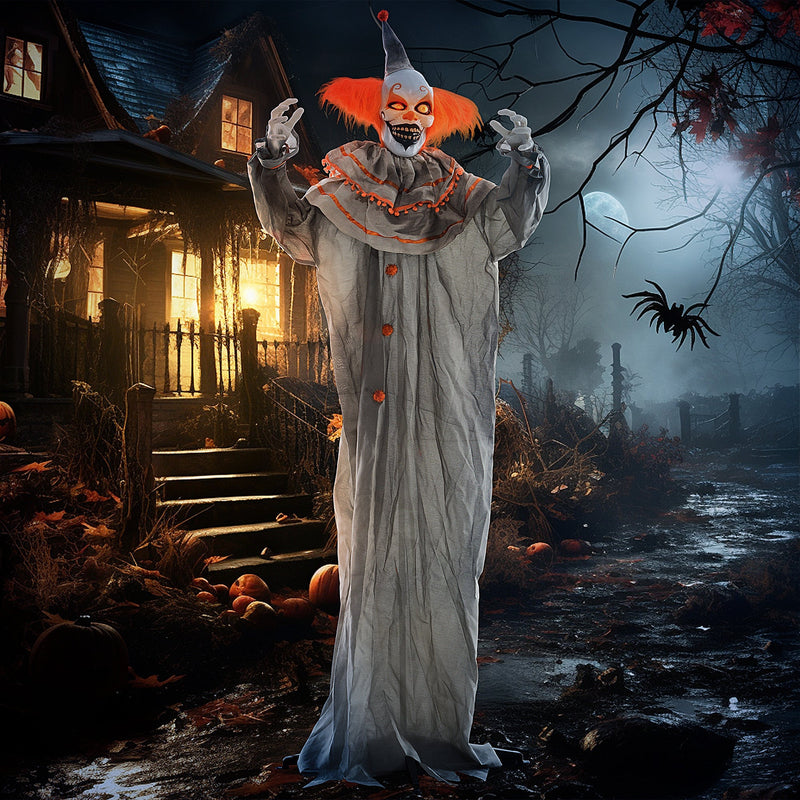 Homcom orange clown Halloween animatronic in a moonlit haunted house lifestyle scene