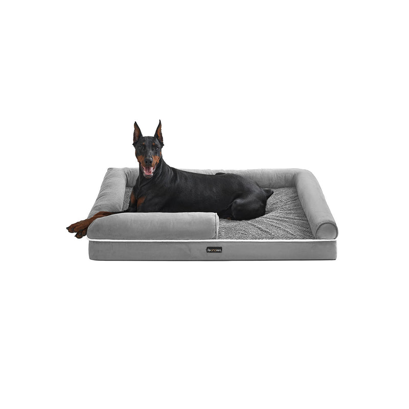 Feandrea orthopaedic dog bed in light grey, studio shot with a Doberman resting on the raised bolster sides