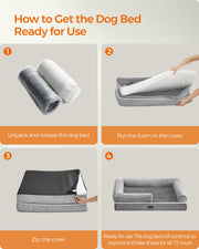 Feandrea branding label detail on the light grey orthopaedic dog bed