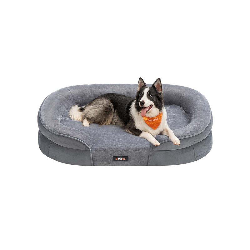 Feandrea orthopaedic dog sofa bed in light grey with a dog resting inside