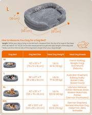 Dimensions diagram of the light grey orthopaedic dog sofa bed at 91 x 68 cm