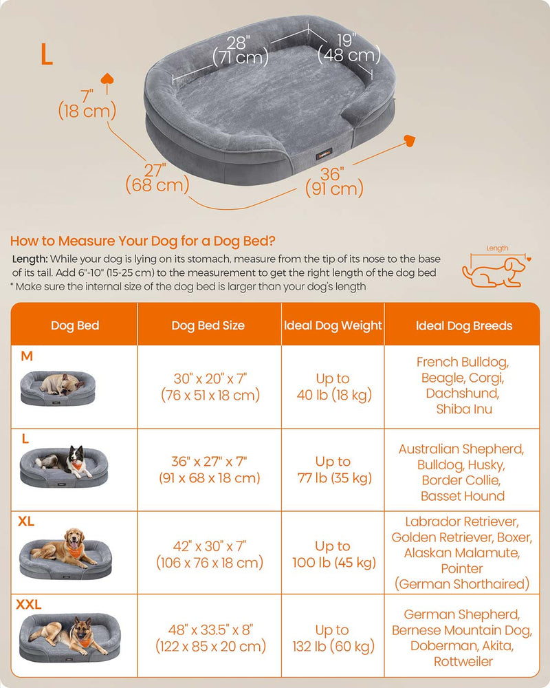 Dimensions diagram of the light grey orthopaedic dog sofa bed at 91 x 68 cm