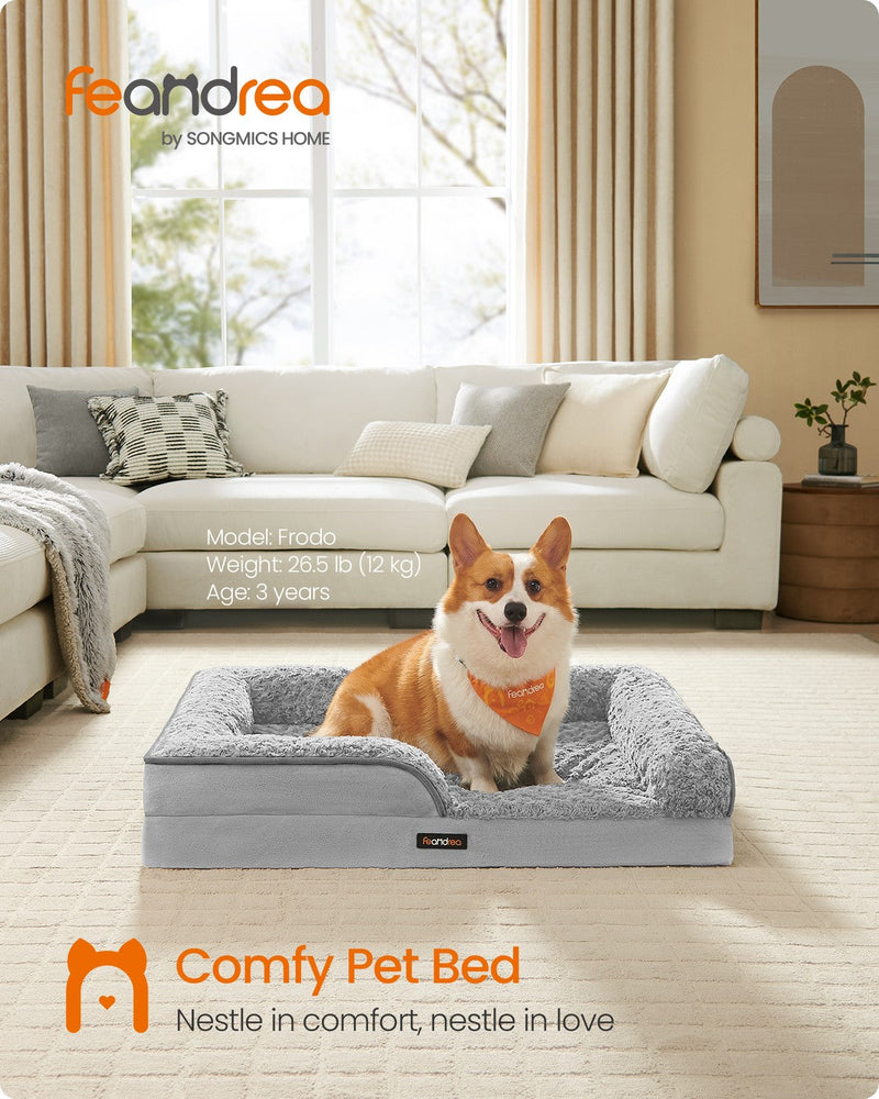 Feandrea large dog bed styled in a living room with a corgi sitting in it