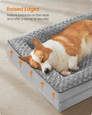 Close-up of a dog resting against the raised cushioned side of the large dog bed