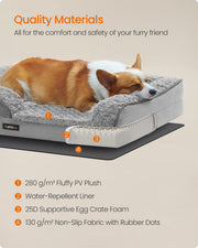 Cutaway diagram showing the plush cover, waterproof liner, foam and non-slip base layers