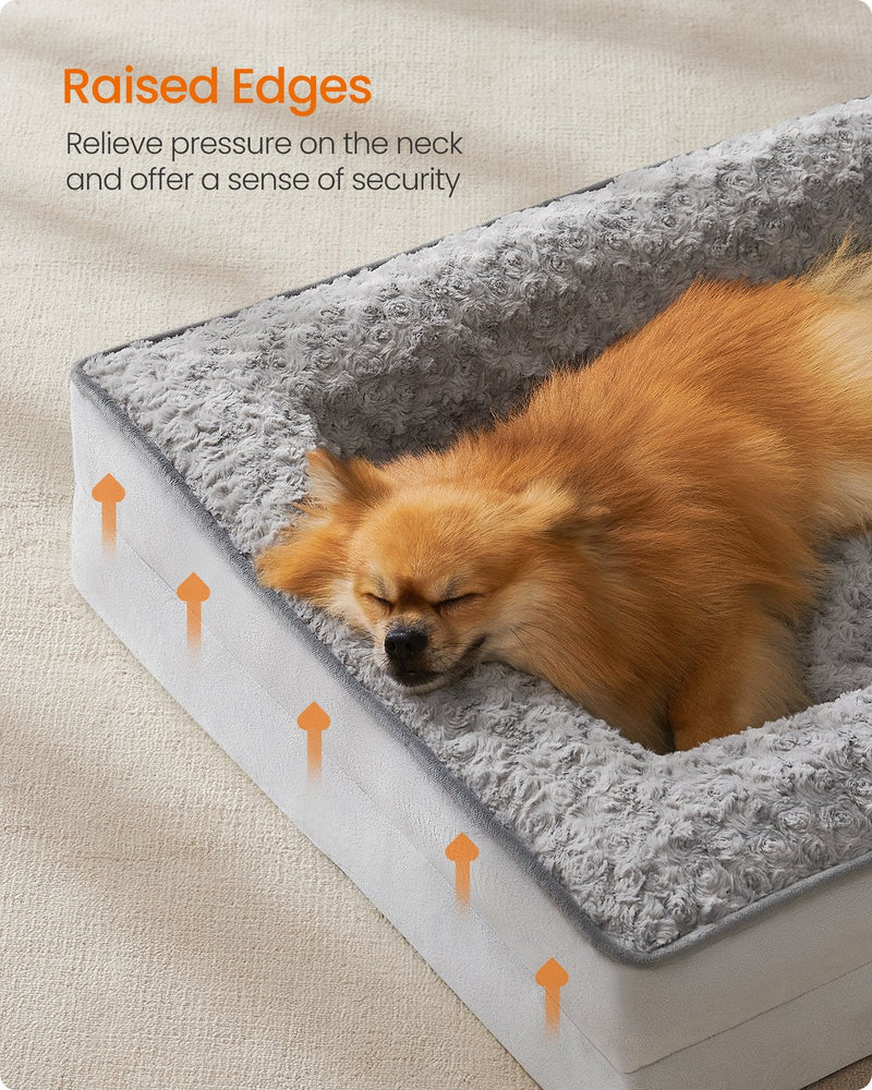 Close-up of a dog sleeping against the raised cushioned side of the dog bed