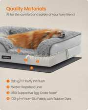 Cutaway diagram showing the plush cover, waterproof liner, foam and non-slip base layers