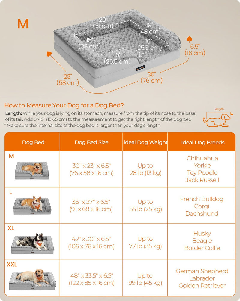 Dimensions diagram of the Feandrea medium dog bed showing 76 by 58 by 16 cm