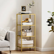 4 Tier Glass Shelving Unit For Living Room Or Office With Vertical Storage, Gold Tone