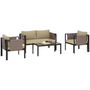 4 Piece Metal Garden Furniture Set with Glass Table and Cushions Khaki by Outsunny
