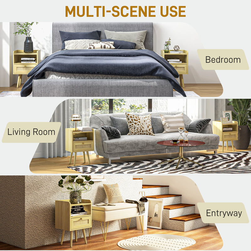 Set of Two Rattan Bedside Tables with Drawers for Bedroom Storage Wood Effect Brown