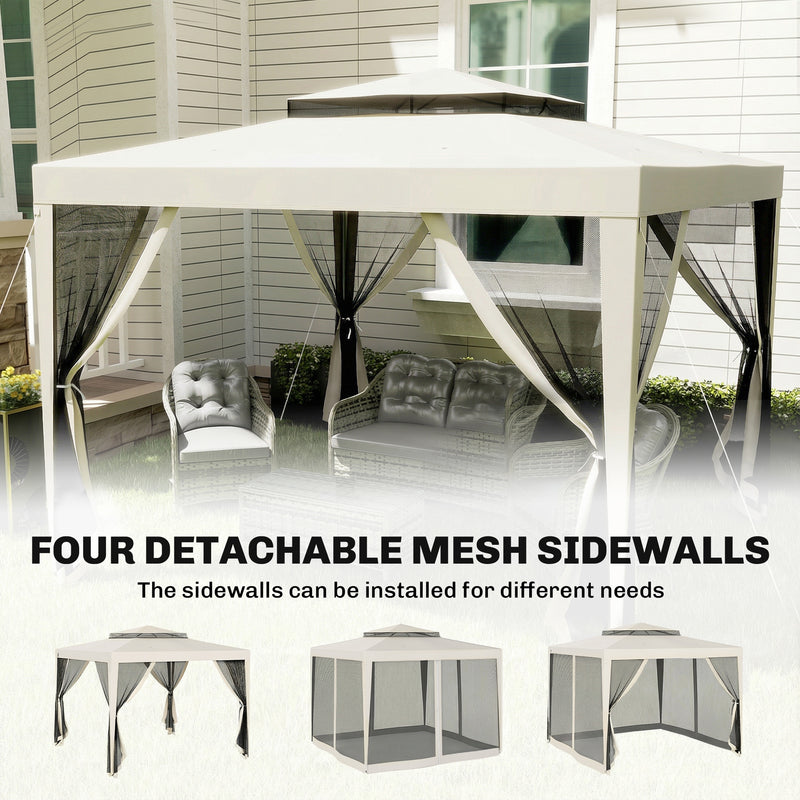 Outsunny 3x3m Gazebo, Netting Party Tent, Patio Canopy Outdoor Event Shelter with Double Tier Roof, Cream White Outsunny