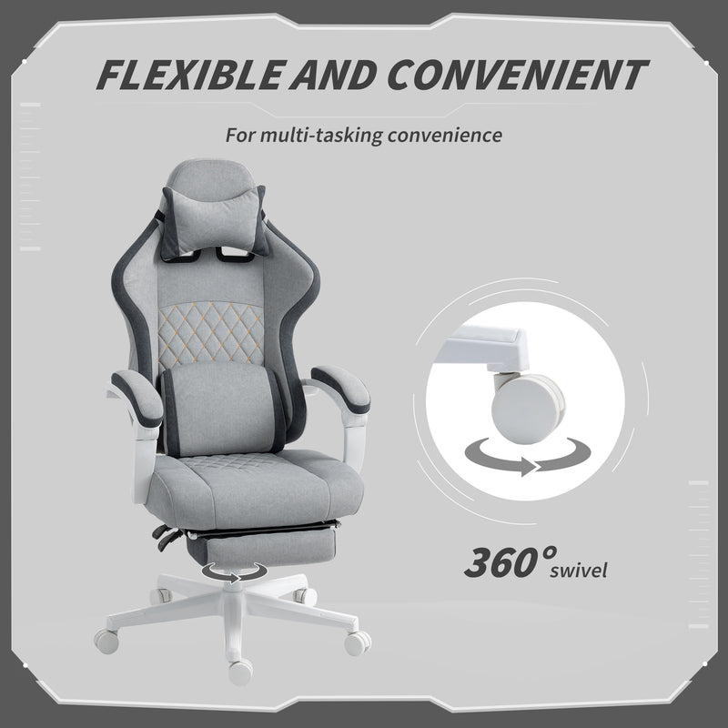Grey Velvet Reclining Gaming Chair With Footrest And Lumbar Support For Home Office