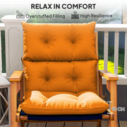 Orange chair cushions shown fitted on Adirondack chairs outdoors