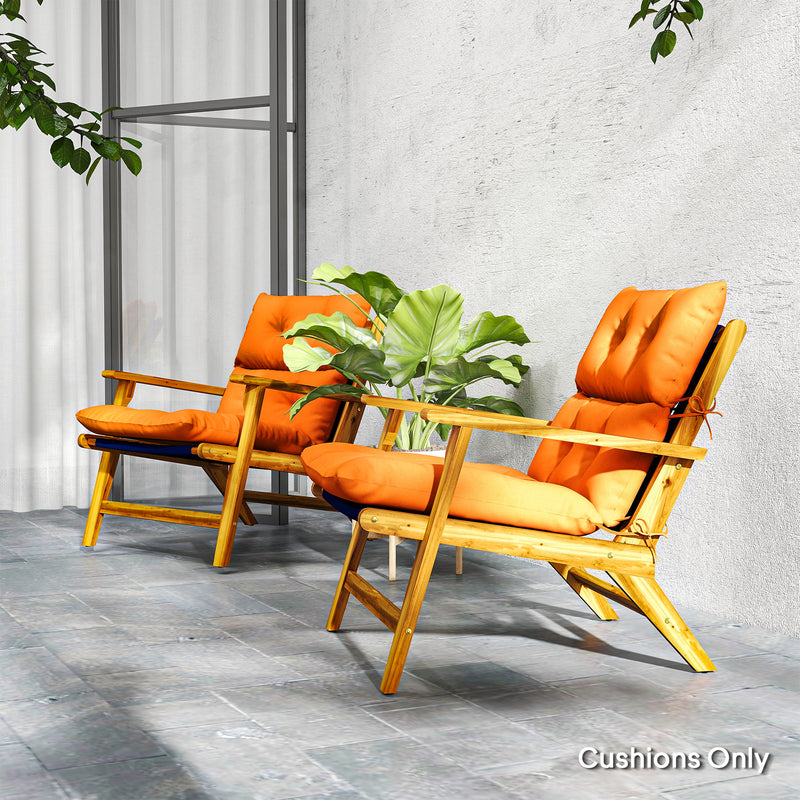 Set of 2 orange chair cushions stacked showing thickness