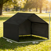 Dimensions diagram of the dog shelter showing 125 cm long, 110 cm wide and 93 cm high