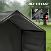 Close-up of the powder-coated black steel frame and canopy seam on the dog shelter