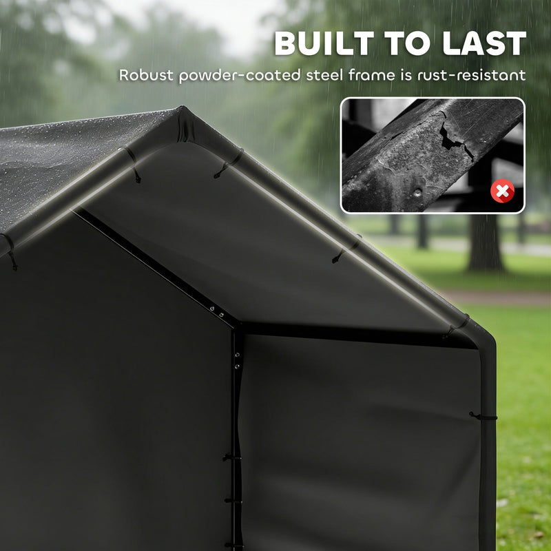 Close-up of the powder-coated black steel frame and canopy seam on the dog shelter