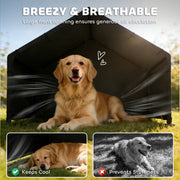 Dog sitting in the wide front opening of the shelter with air flowing through