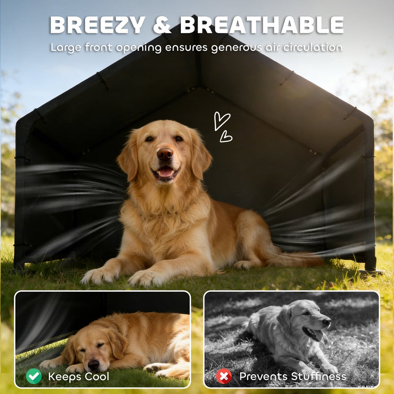 Dog sitting in the wide front opening of the shelter with air flowing through